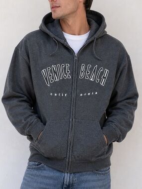 Vintage 90s Venice Beach Hoodie XL USA Made Hill Heavyweight Zip Up Surf Skate